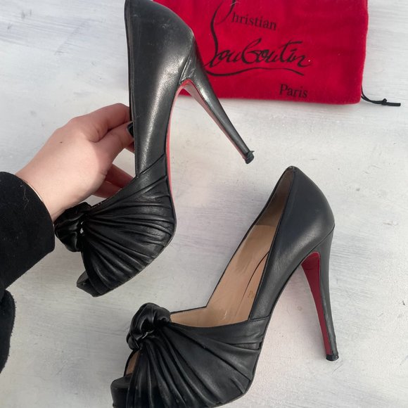Christian Louboutin Lady Gres Platform Pumps Black Leather Peep Toe Ruched Knot - Picture 9 of 16